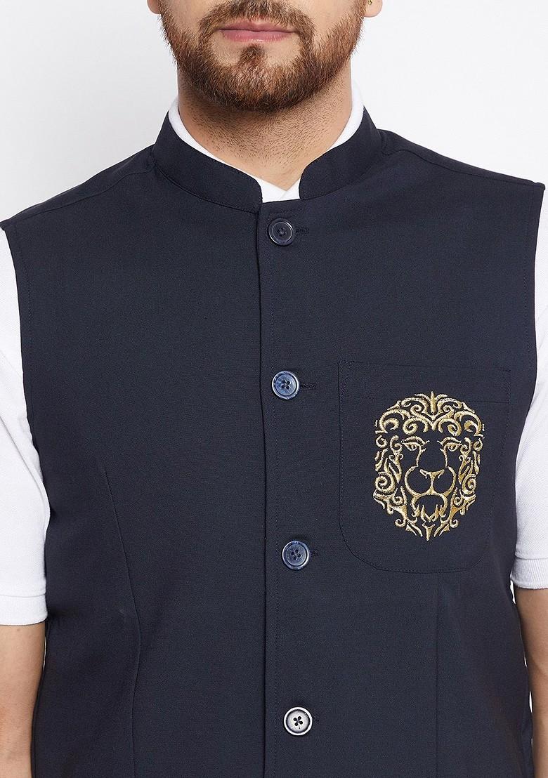 Men Navy Blue Solid Woven Nehru Jacket