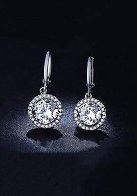 Silver Toned White Crystal Studded Circular Drop Earrings