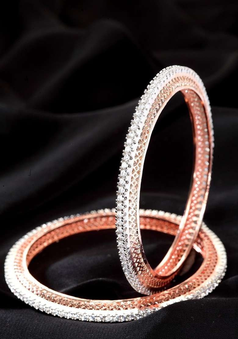 Set Of 2 Rose Gold Plated And White American Diamond Studded Handcrafted Bangles - Indya