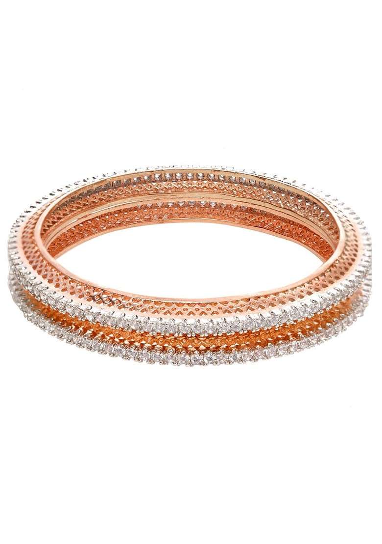 Set Of 2 Rose Gold Plated And White American Diamond Studded Handcrafted Bangles - Indya