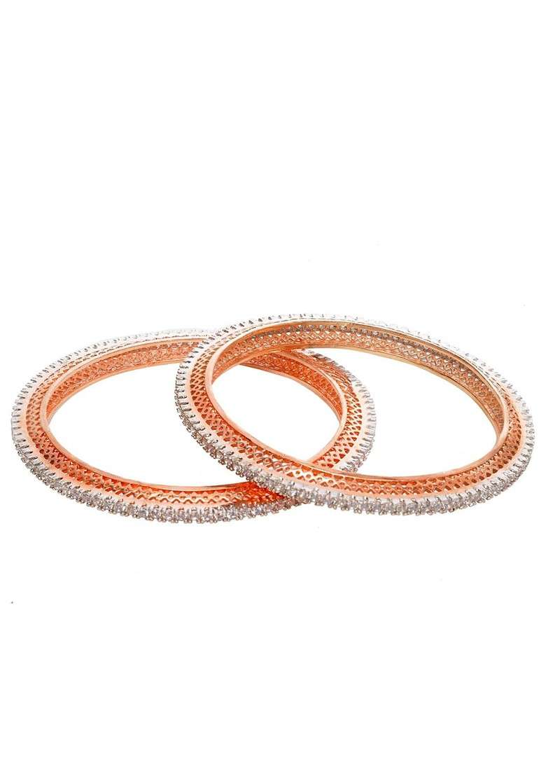 Set Of 2 Rose Gold Plated And White American Diamond Studded Handcrafted Bangles - Indya