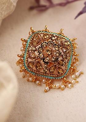 Women Green Gold Tone Embellished With Pearls Adjustable Finger Ring