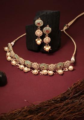 24 CT Gold Plated White And Red Stone Studded And Pearl Bead Meenakari Jewellery Set