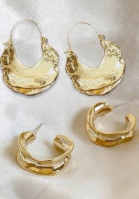 Set Of 2 Gold Plated Contemporary Hoop Earrings