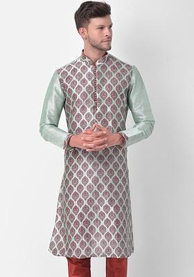 Men Green Ethnic Motifs Printed Regular Dupion Silk Kurta With Churidar