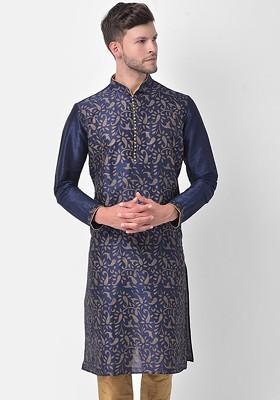 Men Navy Blue Embroidered Regular Dupion Silk Kurta With Churidar