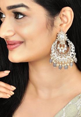 Gold-Toned Crescent Shaped Artificial Stone And Beads Studded Chandbalis Earrings
