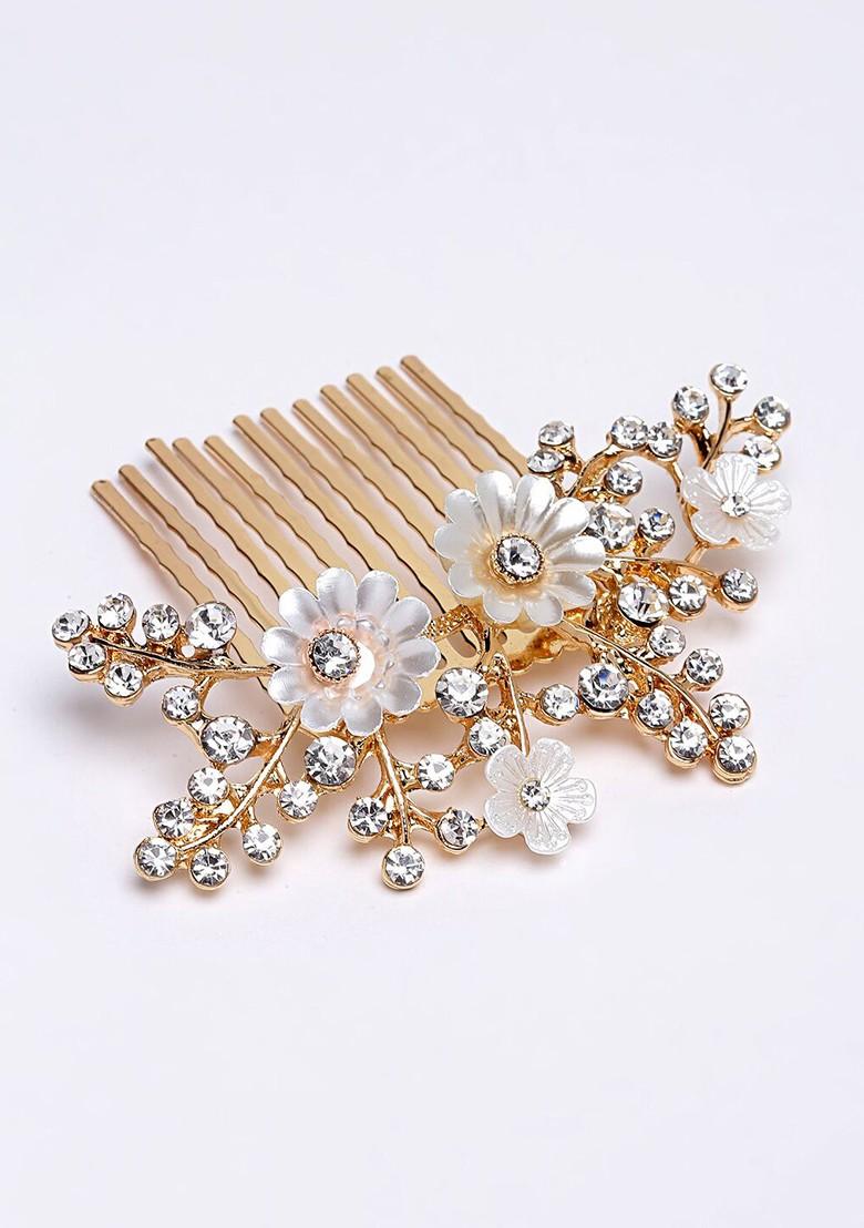 Women Gold Toned And White Embellished Comb Pin