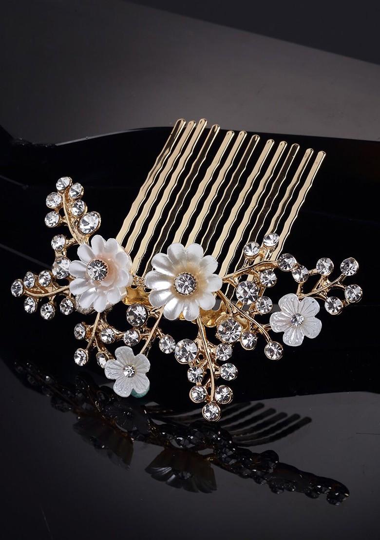 Women Gold Toned And White Embellished Comb Pin