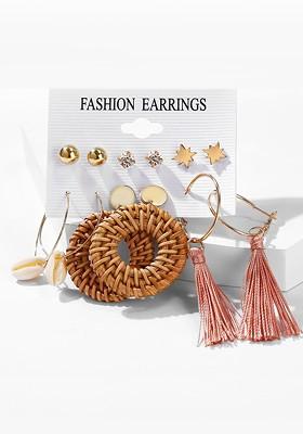  Set Of 6 Pairs Gold Plated Thread Tassel Stud Hoop Earrings