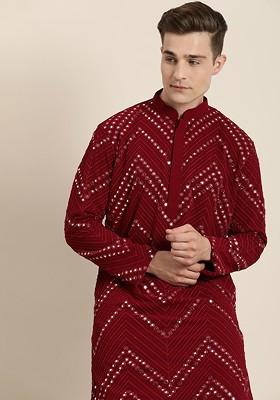 Men Maroon Embroidered Mirror Work Kurta With Pyjamas
