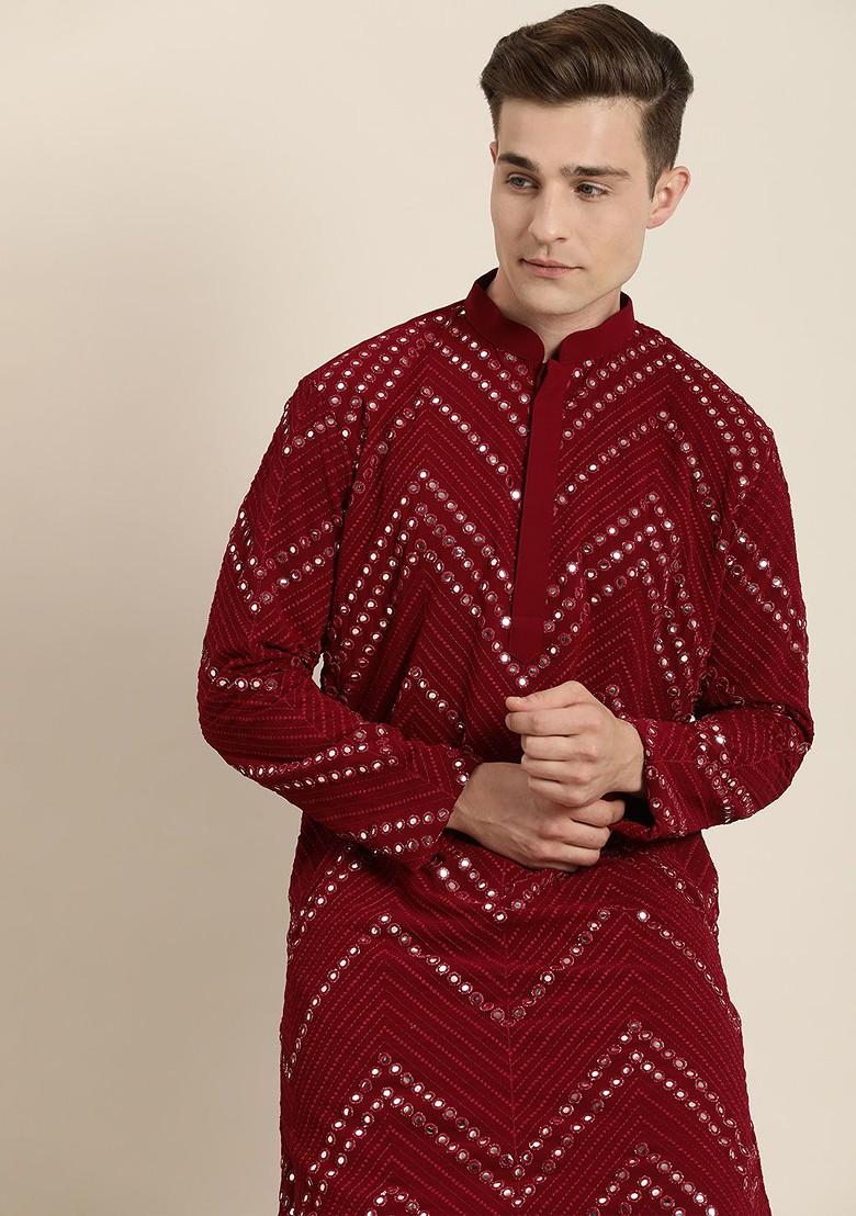 Men Maroon Embroidered Mirror Work Kurta With Pyjamas