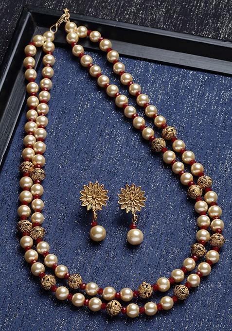 Gold Plated And Red Pearl Beaded Handcrafted Jewellery Set