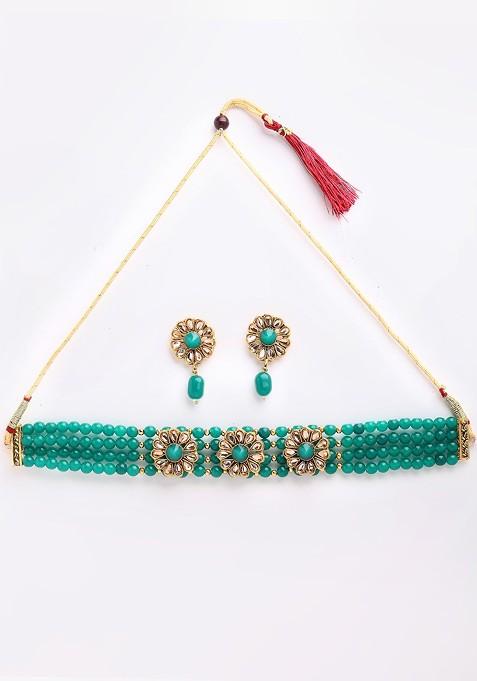 Gold Plated And Green Stone Studded And Beaded Handcrafted Jewellery Set