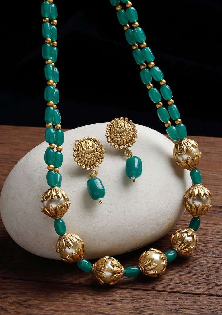 Gold Plated And Green Beaded Jewellery Set - Indya