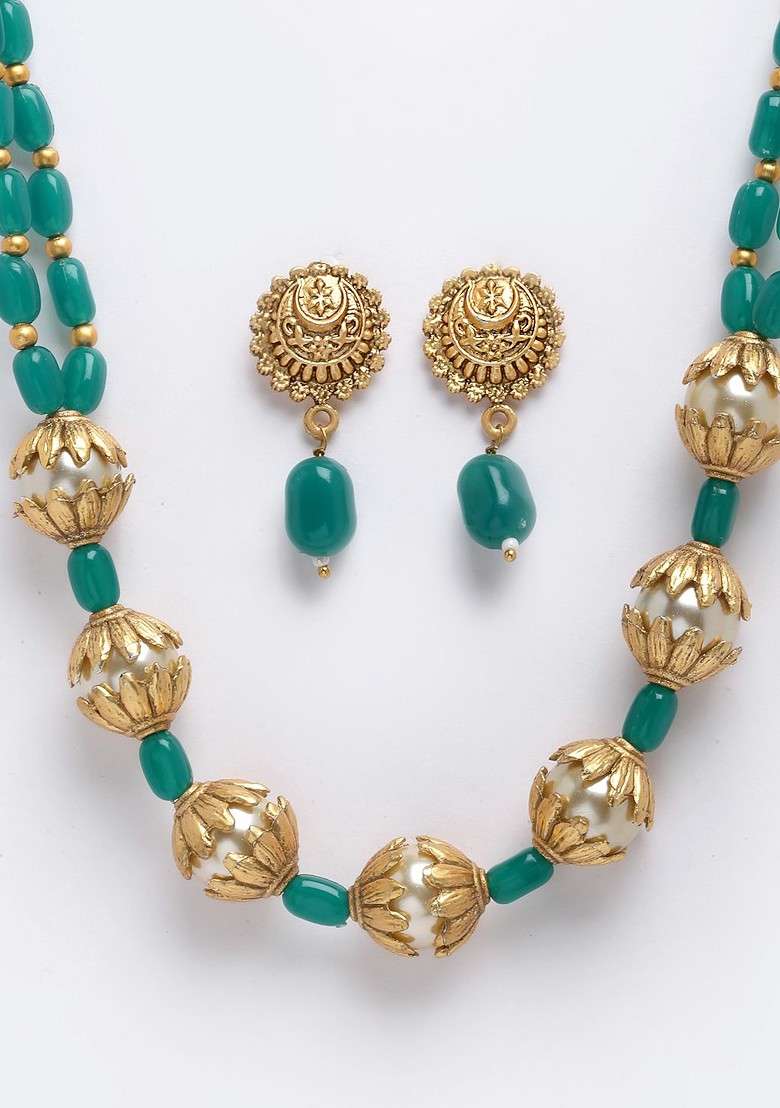 Gold Plated And Green Beaded Jewellery Set - Indya