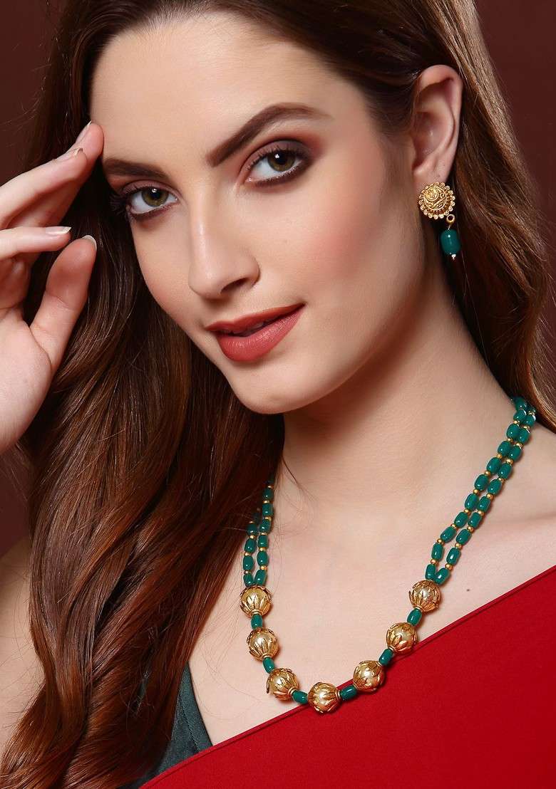 Gold Plated And Green Beaded Jewellery Set - Indya