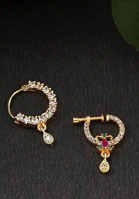 Set Of 2 Gold Plated White And Pink Ad Studded Nose Pins