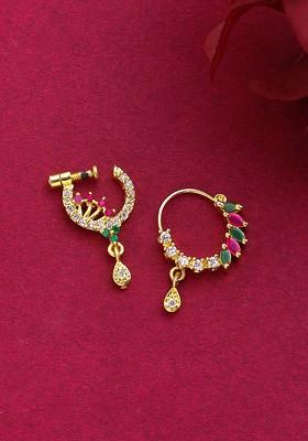 Set Of 2 Gold Plated White And Pink Ad Studded Nose Pins
