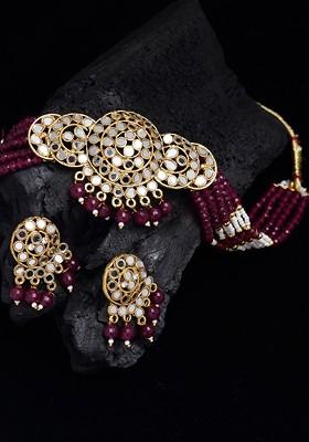 Woman Gold Plated And Red Beaded Mirror Work Choker Jewellery Set