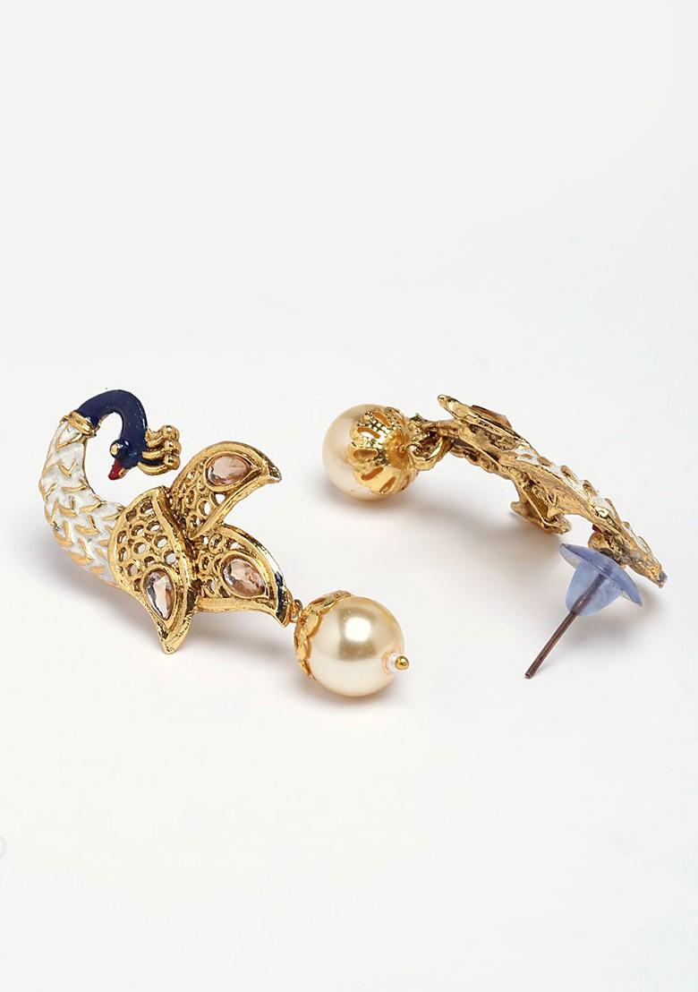 Gold Plated Gold Toned Stone Studded Off White Pearl Beaded Meenakari Jewellery Set - Indya