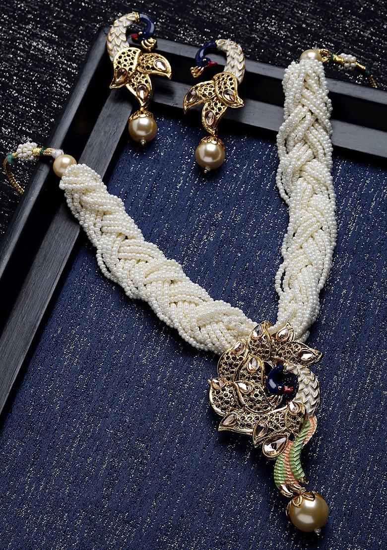 Gold Plated Gold Toned Stone Studded Off White Pearl Beaded Meenakari Jewellery Set - Indya