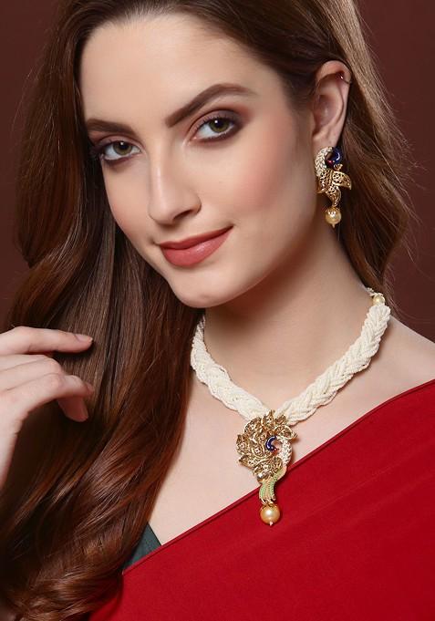 Gold Plated Gold Toned Stone Studded Off White Pearl Beaded Meenakari Jewellery Set