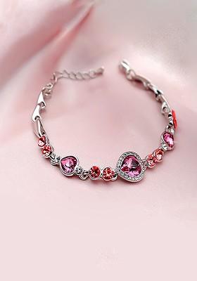 Women Pink And Silver Plated Heart Crystal Charm Bracelet