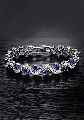 Women White And Blue Crystals Rhodium Plated Charm Bracelet