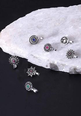 Silver Toned Set Of 7 Oxidised Clip On Nose Pins