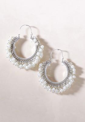 White Silver Plated Pearls Circular Hoop Earrings