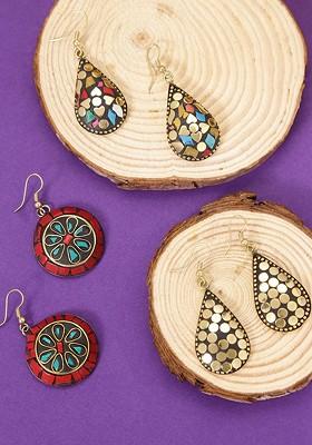 Set Of 3 Gold Toned And Blue Teardrop Shaped Drop Earrings