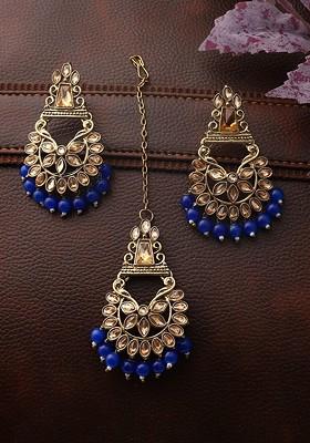Blue And Beige Gold Plated Kundan Stone Studded And Beaded Jewellery Set