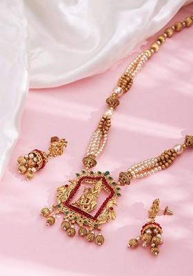 Gold Plated Red And Green Stone Studded Gopala Temple Antique Jewellery Set