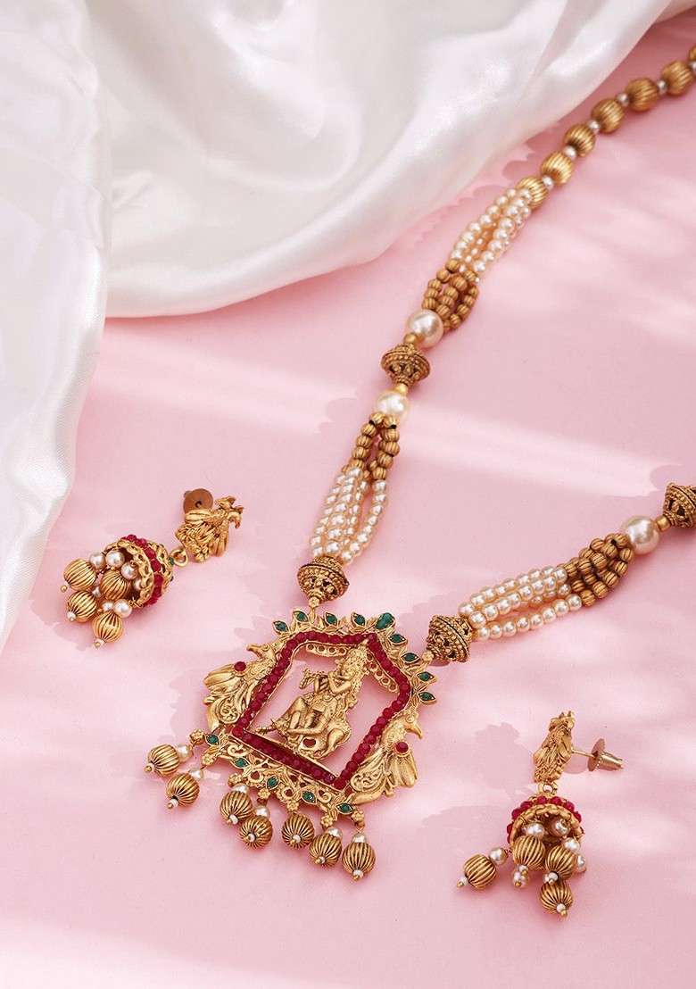 Gold Plated Red And Green Stone Studded Gopala Temple Antique Jewellery Set - Indya