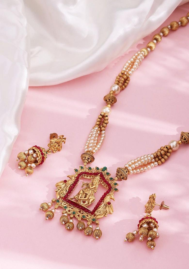 Gold Plated Red And Green Stone Studded Gopala Temple Antique Jewellery Set