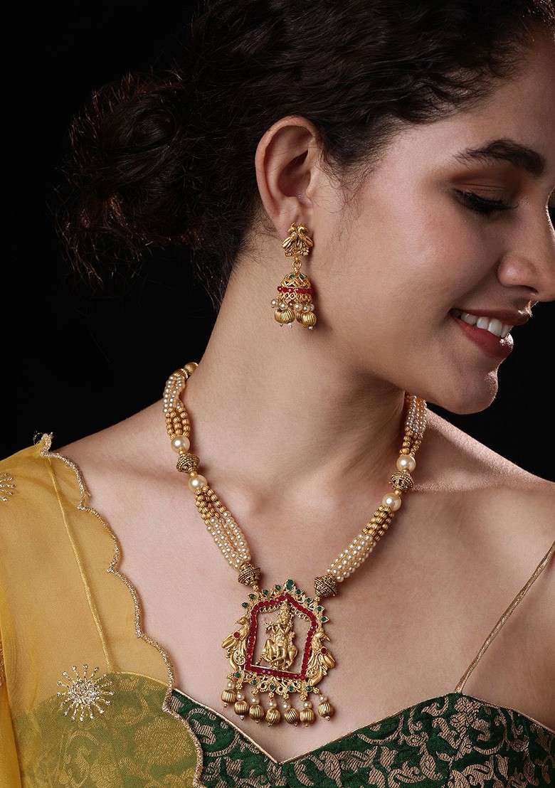 Gold Plated Red And Green Stone Studded Gopala Temple Antique Jewellery Set - Indya
