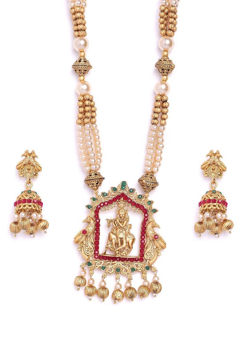 Gold Plated Red And Green Stone Studded Gopala Temple Antique Jewellery Set