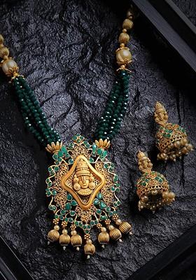 Green And Gold Toned Beaded Temple Jewellery Set