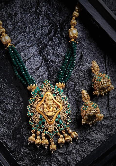 Green And Gold Toned Beaded Temple Jewellery Set