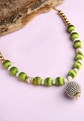 Gold Toned And White Gold Plated Handcrafted Silk Thread Necklace