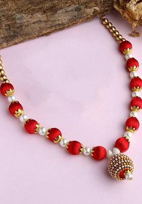 Gold Toned And White Gold Plated Handcrafted Silk Thread Necklace