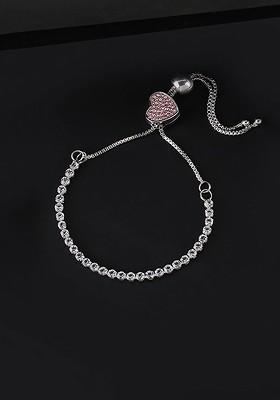 Women Silver Toned And Pink Crystals Bracelet
