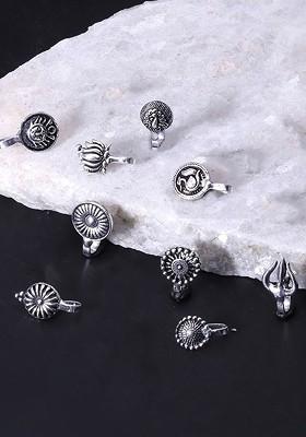 Set Of 8 Silver Plated Oxidised Nose Pins