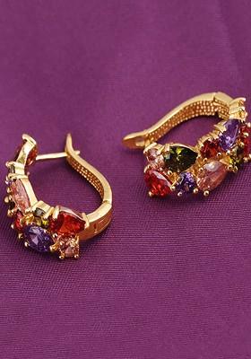 Gold Toned Contemporary  Cz Studded Hoop Studs Earrings