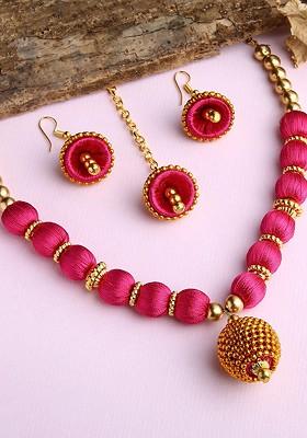 Gold Plated And Pink Handcrafted Silk Thread Jewellery Set