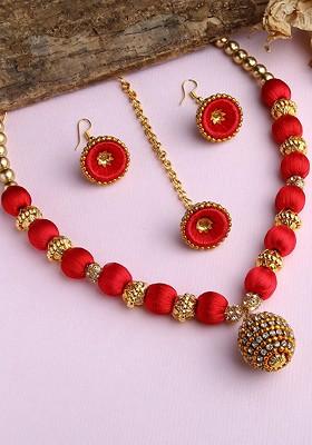 Gold Plated And Red Stones Studded And Beaded Wooden Balls Silk Thread Jewellery Set