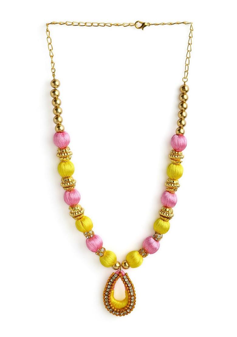 Gold Plated Yellow And Rose Pink Stones Studded And Beaded Wooden Balls Silk Thread Jewellery Set