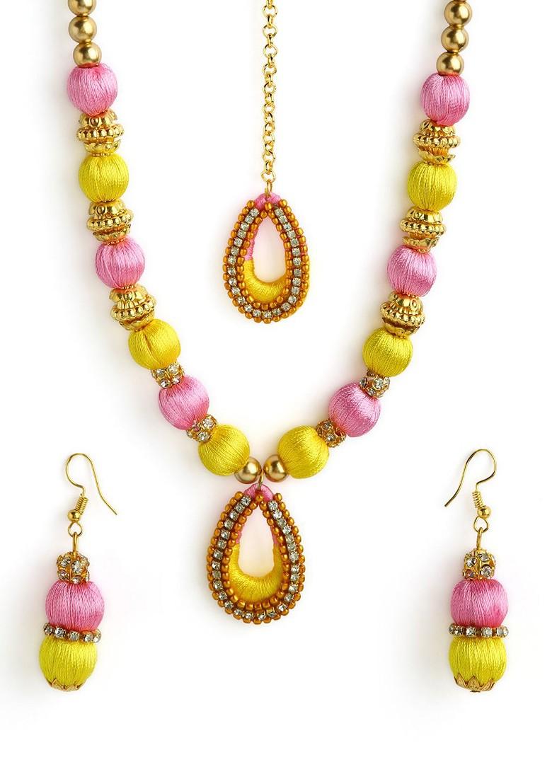 Gold Plated Yellow And Rose Pink Stones Studded And Beaded Wooden Balls Silk Thread Jewellery Set