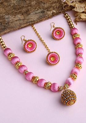 Gold Plated And Rose Pink Stone Studded And Beaded Wooden Balls Silk Thread Jewellery Set